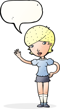 Bir insan tarafından çizilmiş konuşma balonuyla el sallayan çizgi film kızı.