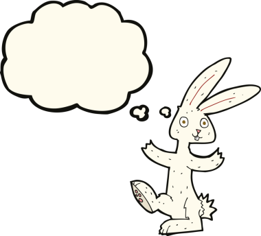 Bir insan tarafından çizilmiş düşünce kabarcığı olan çizgi film tavşanı.