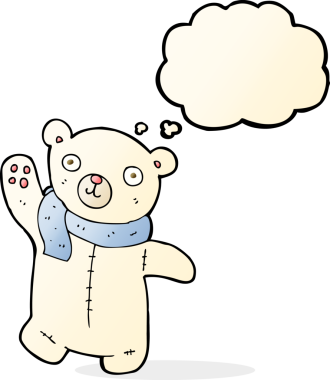 Bir insan tarafından çizilmiş düşünce baloncuklu şirin kutup ayısı.