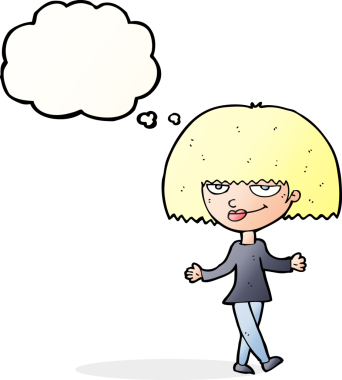 Bir insan tarafından çizilmiş düşünce baloncuğu olan kendini beğenmiş bir kadın.