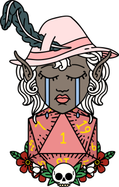 Retro Dövme Tarzı Ağlayan Elf Ozan Karakteri Bir insan tarafından çizilmiş doğal D20 rulo