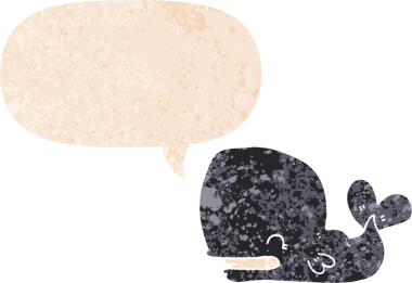 Bir insan tarafından çizilmiş grunge dertli retro tarzı konuşma balinası ile çizgi film balinası