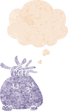 Düşünce baloncuğu olan karikatür deniz şakayığı dertli eski moda bir insan tarafından çizilmiş.