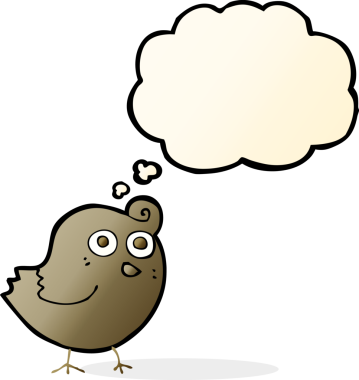 Bir insan tarafından çizilmiş düşünce baloncuklu komik çizgi film kuşu.