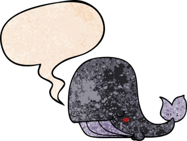 Konuşma baloncuğu olan karikatür balinası insan tarafından çizilmiş.