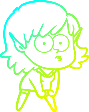 Bir insan tarafından çizilmiş, dik dik bakan ve çömelmiş bir elf kızı çizimi.