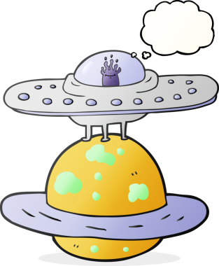 Bir insan tarafından çizilmiş serbest çizim balon karikatür uçan daire.