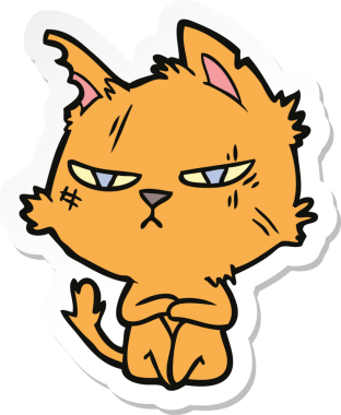 Bir insan tarafından çizilmiş sert bir çizgi film kedisinin çıkartması.