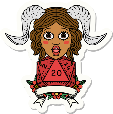 Bir insan tarafından çizilmiş doğal yirmi zarla yapıştırılmış bir etiket.