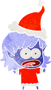 Bir insan tarafından çizilmiş Noel Baba şapkası giyen şok olmuş bir elf kızının el çizimi karikatürü.