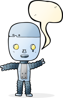 Bir insan tarafından çizilmiş konuşma balonu olan çizgi film robotu.
