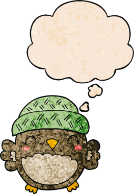 Bir insan tarafından çizilmiş grunge desenli düşünce baloncuğu olan şapkalı sevimli çizgi film baykuşu.