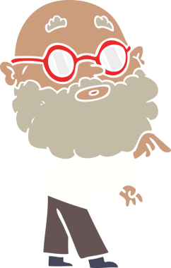 Düz renkli çizgi film meraklısı sakallı ve gözlüklü bir insan tarafından çizilmiş.