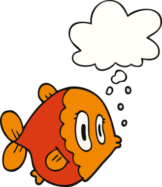 Bir insan tarafından çizilmiş düşünce baloncuklu çizgi film balığı.