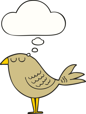 Bir insan tarafından çizilmiş düşünce baloncuklu çizgi film kuşu.