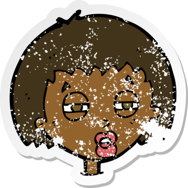 Bir insan tarafından çizilmiş gözlerini kıstıran karikatür bir kadının gerilmiş çıkartması.