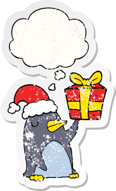 Düşünce baloncuğuyla birlikte karikatür pengueni insan tarafından çizilmiş yıpranmış bir çıkartma.