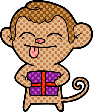 Bir insan tarafından çizilmiş Noel hediyeli komik çizgi film maymunu.