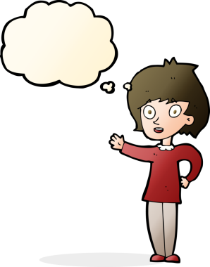 Bir insan tarafından çizilmiş düşünce balonlu mutlu kadın çizgi filmi.