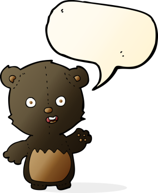 Bir insan tarafından çizilmiş konuşma balonlu siyah ayı yavrusunu sallayan çizgi film.