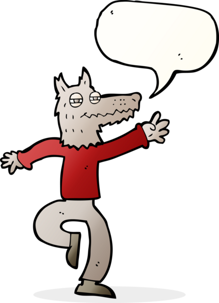 Bir insan tarafından çizilmiş konuşma balonlu mutlu kurt adam.