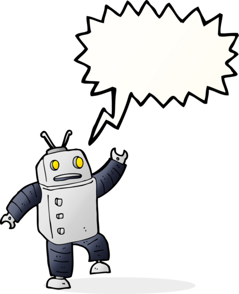 Bir insan tarafından çizilmiş konuşma balonu olan çizgi film robotu.