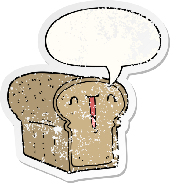 Bir insan tarafından çizilmiş, kederli, yaşlı bir çıkartma, konuşma balonlu, şirin bir ekmek karikatürü.