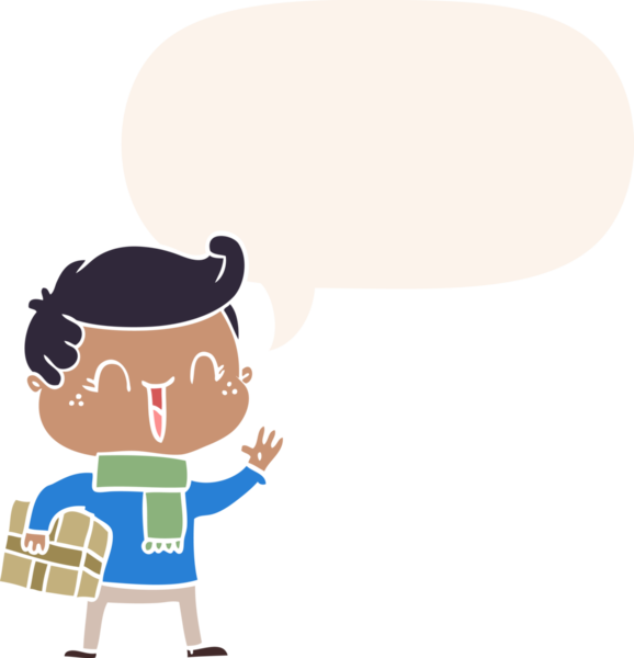 Bir insan tarafından çizilmiş retro tarzı konuşma balonu olan gülen çocuk.