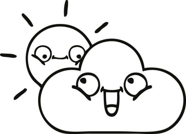 Bir insan tarafından çizilmiş fırtına bulutu ve güneş çizimleri.