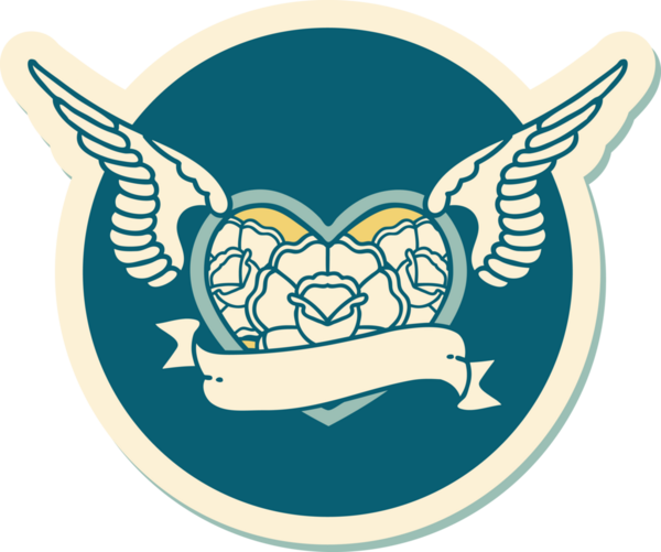 Geleneksel bir dövme stili. Uçan kalp. Çiçekler ve bir insan tarafından çizilmiş bayrak.