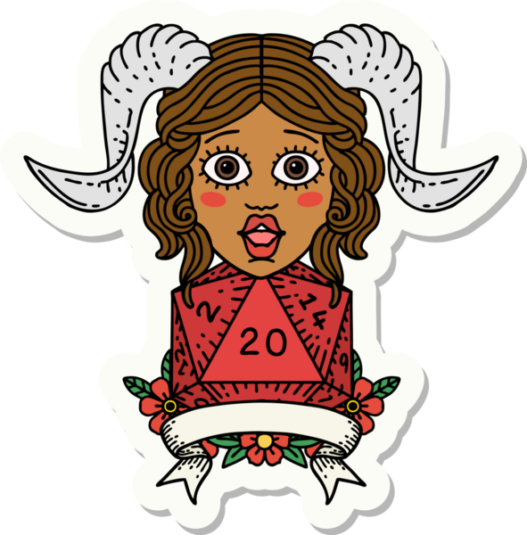 Bir insan tarafından çizilmiş doğal yirmi zarla yapıştırılmış bir etiket.