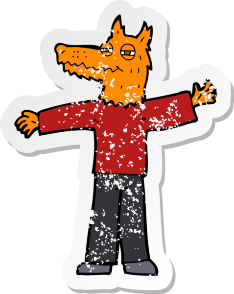 Bir insan tarafından çizilmiş mutlu tilki adam çizgi filminin kederli retro yapıştırması.