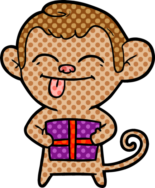 Bir insan tarafından çizilmiş Noel hediyeli komik çizgi film maymunu.