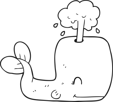 Bir insan tarafından çizilmiş siyah beyaz çizgi film balinası.