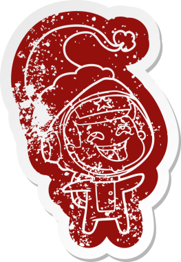 Bir insan tarafından çizilmiş Noel Baba şapkası takan, gülen bir astronotun garip bir karikatürü.