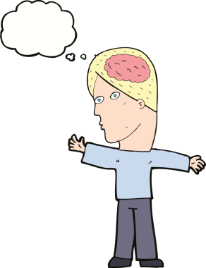 Düşünce baloncuğu insan tarafından çizilmiş beyni olan çizgi film adamı.
