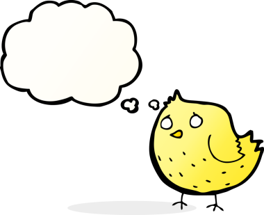 Bir insan tarafından çizilmiş düşünce baloncuklu çizgi film kuşu.