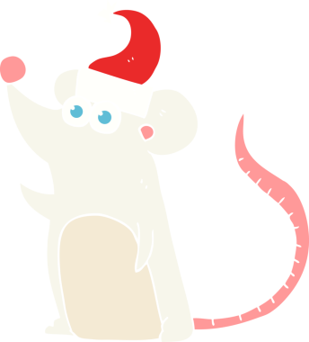 Bir insan tarafından çizilmiş noel şapkalı farenin düz renk çizimi