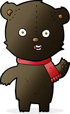 Bir insan tarafından çizilmiş eşarplı siyah ayı yavrusunu sallayan çizgi film