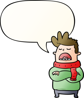 Kışlık giysiler içinde, bir insan tarafından çizilmiş, düzgün eğimli konuşma balonu olan iğrenç bir çizgi film karakteri.