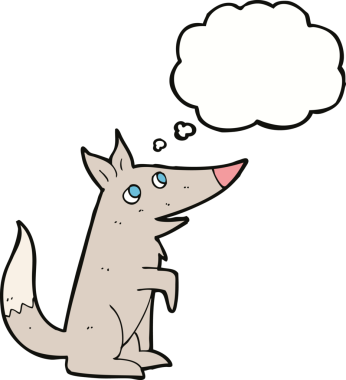 Bir insan tarafından çizilmiş düşünce baloncuğu olan bir kurt yavrusu.