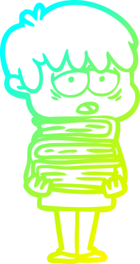 Bir insan tarafından çizilmiş kitabı tutan bitkin bir çocuğun çizgi film çizimi.