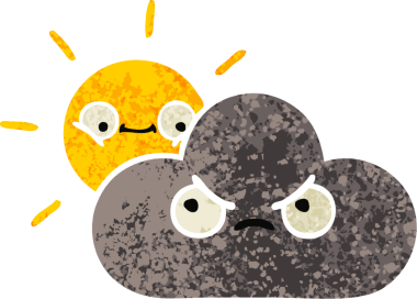 Bir insan tarafından çizilmiş fırtına bulutu ve güneşin retro çizim tarzı karikatürü.