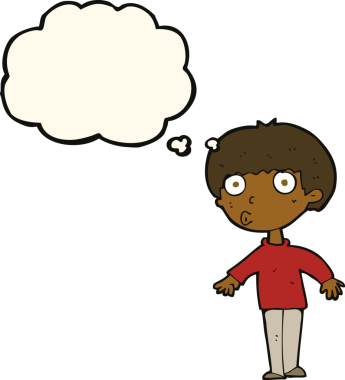 Bir insan tarafından çizilmiş düşünce baloncuğu olan bir çocuk.