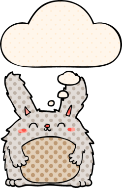 Bir insan tarafından çizilmiş çizgi roman tarzında düşünce baloncuğu olan kürklü tavşan.