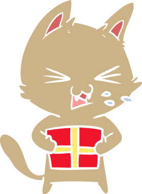 Düz renkli çizgi film tıslayan kedi Noel hediyesi bir insan tarafından çizilmiş.