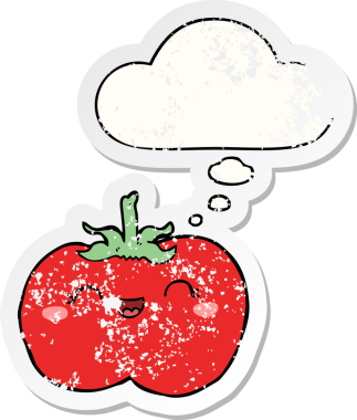 Düşünce baloncuklu çizgi film domatesleri insan tarafından çizilmiş yıpranmış bir çıkartma gibi.