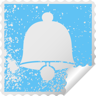 Bir insan tarafından çizilmiş pirinç bir çanın kare soyulmuş çıkartma sembolü.