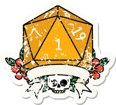 Bir insan tarafından çizilmiş doğal bir d20 zarının grunge çıkartması.