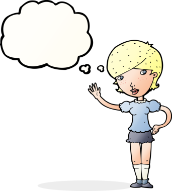 Bir insan tarafından çizilmiş düşünce baloncuğuyla el sallayan çizgi film kızı.